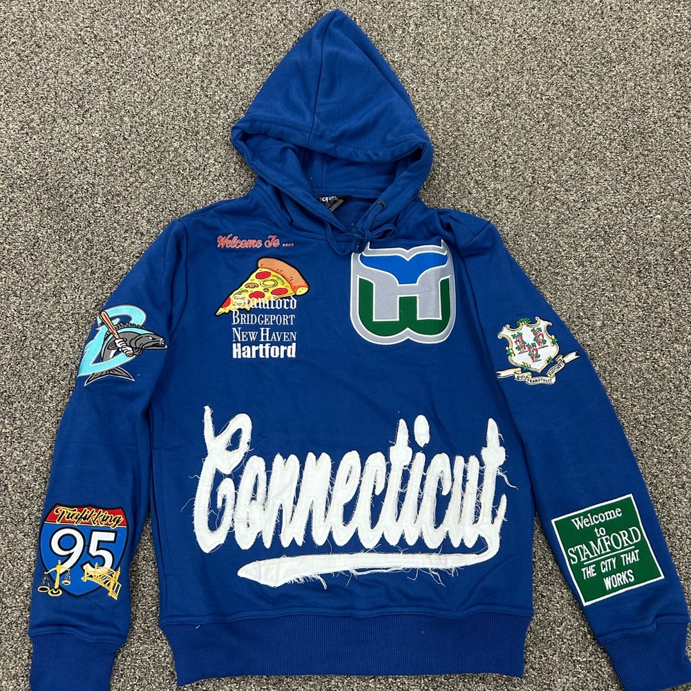 Blue Connecticut Hoodie with Patches
